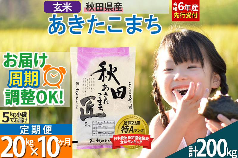 【玄米】＜令和6年産 予約＞ 《定期便10ヶ月》秋田県産 あきたこまち 20kg (5kg×4袋)×10回 20キロ お米【お届け周期調整 隔月お届けも可】