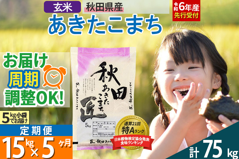 【玄米】＜令和6年産 予約＞ 《定期便5ヶ月》秋田県産 あきたこまち 15kg (5kg×3袋)×5回 15キロ お米【お届け周期調整 隔月お届けも可】