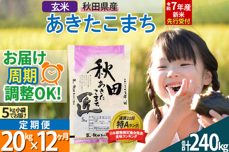 【玄米】＜令和7年産 新米予約＞ 《定期便12ヶ月》秋田県産 あきたこまち 20kg (5kg×4袋)×12回 20キロ お米【お届け周期調整 隔月お届けも可】 新米