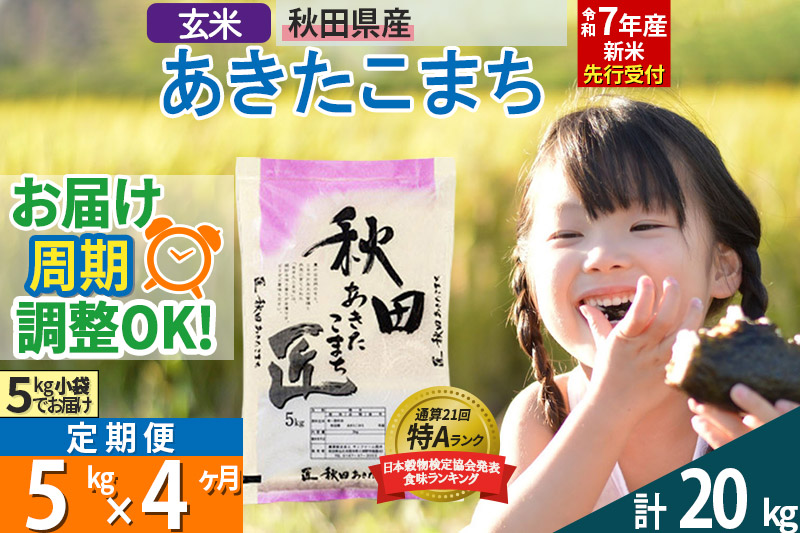 【玄米】＜令和7年産 新米予約＞ 《定期便4ヶ月》秋田県産 あきたこまち 5kg (5kg×1袋)×4回 5キロ お米【お届け周期調整 隔月お届けも可】 新米