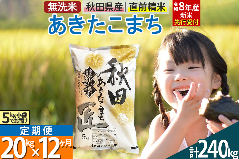 【無洗米】＜令和8年産 新米予約＞《定期便12ヶ月》秋田県産 あきたこまち 20kg (5kg×4袋) ×12回 20キロ お米 匠 