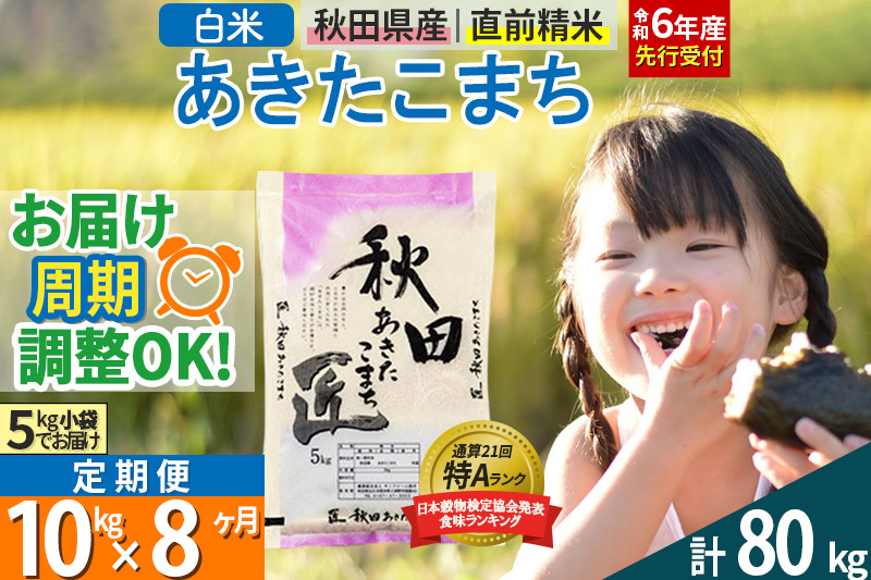 【白米】＜令和6年産 予約＞ 《定期便8ヶ月》秋田県産 あきたこまち 10kg (5kg×2袋)×8回 10キロ お米【お届け周期調整 隔月お届けも可】