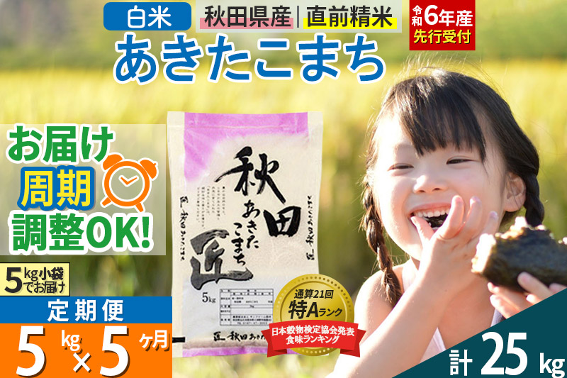 【白米】＜令和6年産 予約＞ 《定期便5ヶ月》秋田県産 あきたこまち 5kg (5kg×1袋)×5回 5キロ お米【お届け周期調整 隔月お届けも可】