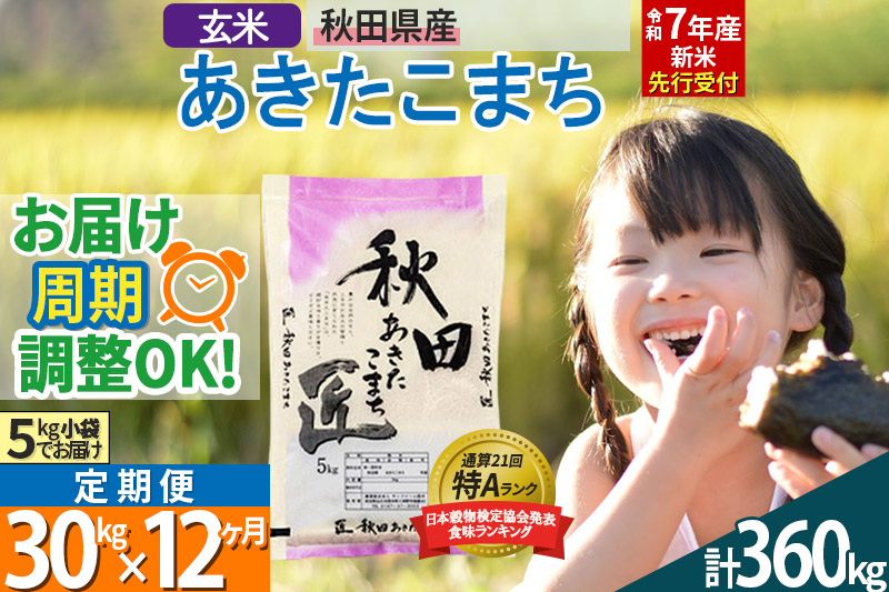 【玄米】＜令和7年産 新米予約＞ 《定期便12ヶ月》秋田県産 あきたこまち 30kg (5kg×6袋)×12回 30キロ お米【お届け周期調整 隔月お届けも可】 新米