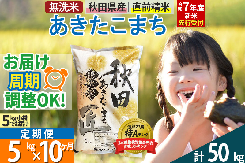 【無洗米】＜令和7年産 新米予約＞《定期便10ヶ月》秋田県産 あきたこまち 5kg (5kg×1袋) ×10回 5キロ お米【お届け周期調整 隔月お届けも可】 新米