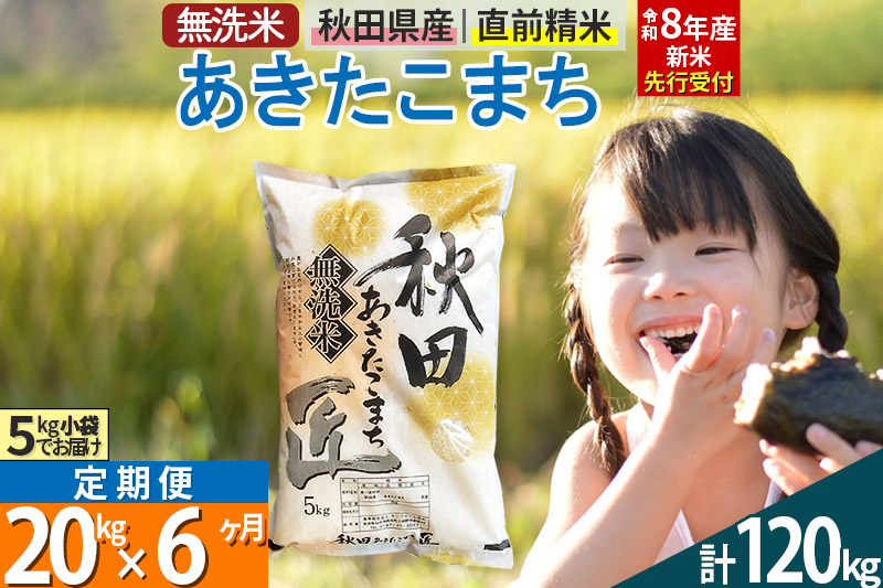 【無洗米】＜令和8年産 新米予約＞《定期便6ヶ月》秋田県産 あきたこまち 20kg (5kg×4袋) ×6回 20キロ お米 匠 