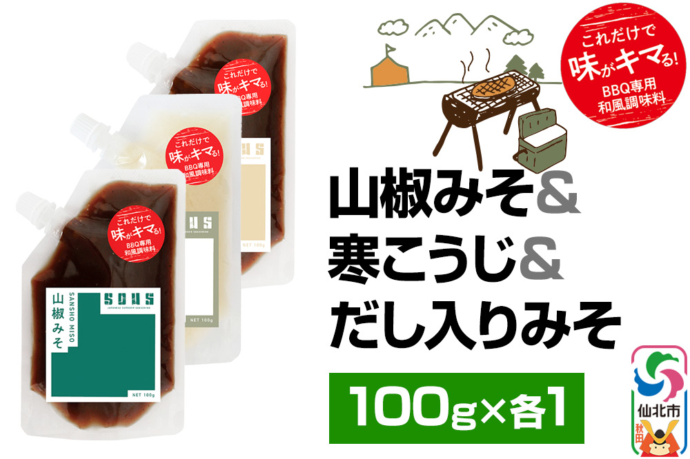 山椒みそ・寒こうじ・だし入りみそ（パウチ）各100g セット ゆうパケット