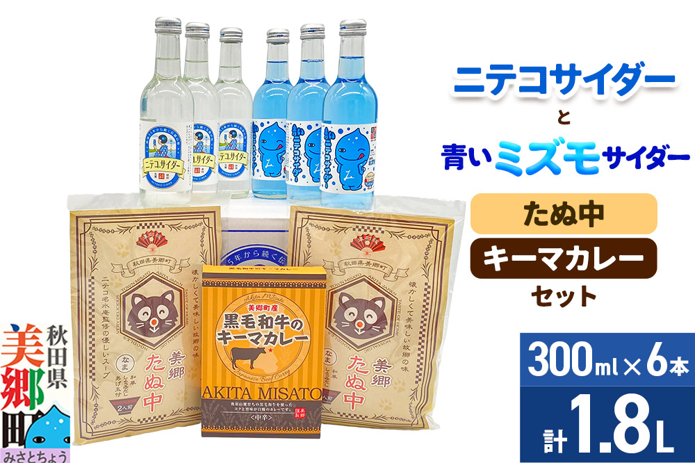 ニテコサイダー3本・青いミズモサイダー3本とたぬ中・キーマカレーのセット 炭酸飲料 カレー キーマカレー レトルト 中華麺