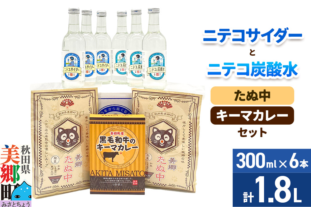 ニテコサイダー3本・ニテコ炭酸水3本とたぬ中・キーマカレーのセット 炭酸飲料 カレー キーマカレー レトルト 中華麺