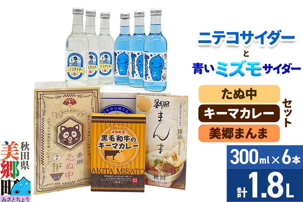 ニテコサイダー3本・青いミズモサイダー3本とたぬ中・キーマカレー・美郷まんまのセット 炭酸飲料 カレー キーマカレー レトルト 中華麺 まぜごはん