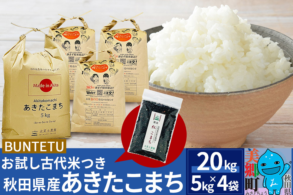 【令和6年産・白米】あきたこまち 20kg（5kg×4袋）古代米お試し袋付き 秋田県美郷町産