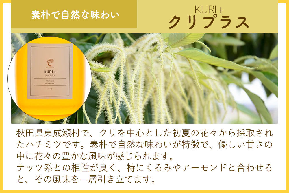 はちみつ3個セット（E.NARUSE・KURI＋・MARRONNIER ガラスびん）300g×各1個 計3個 [BEE CONNECT はちみつ ハチミツ 蜂蜜 セット ガラス瓶 瓶 マロニエ 栃 トチ 栗 クリ 百花 百花蜜 秋田県産]