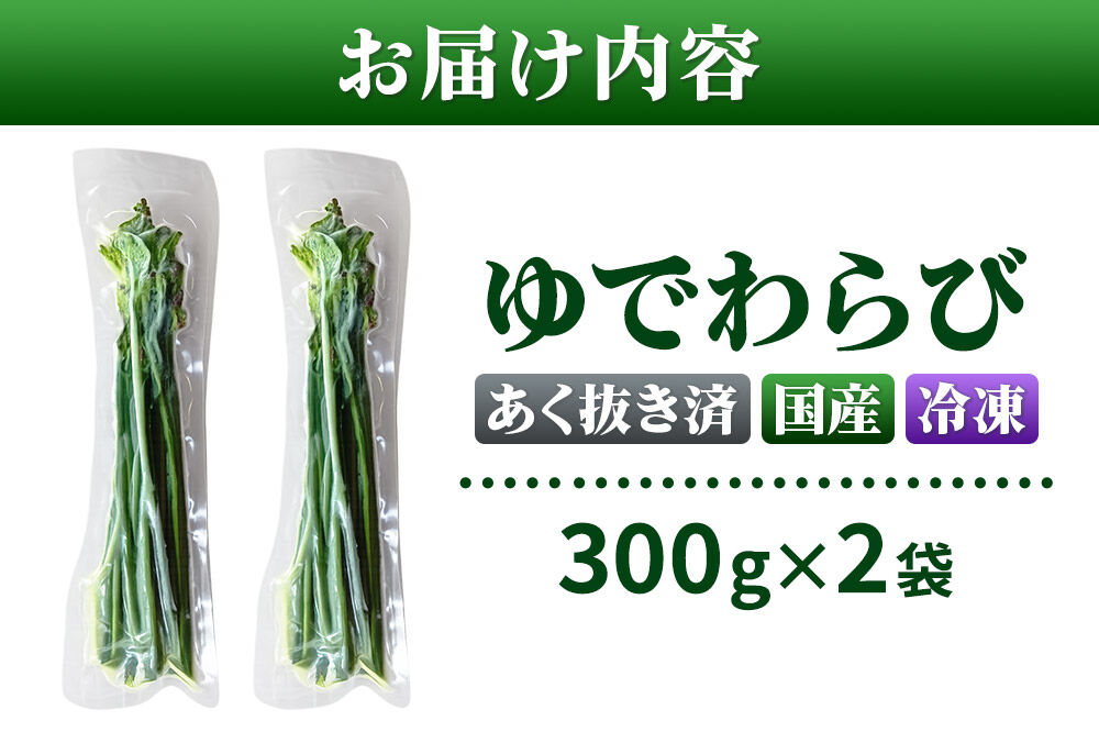 山菜 ゆでわらび 300g×2 【冷凍】 秋田県 東成瀬村産 TAKAYA [山菜 国産 ワラビ わらび 冷凍 アク抜き あく抜き]