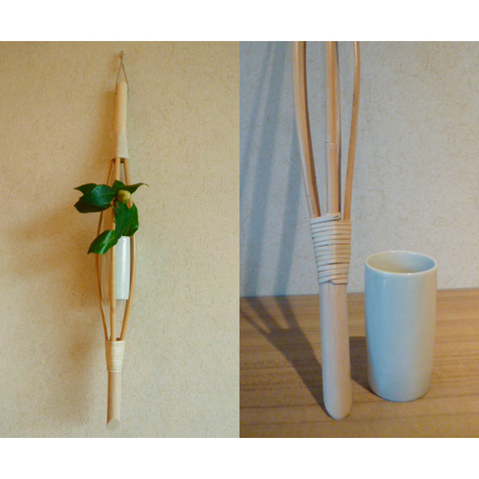 籐素材を使用した「つり花かご」花差し用湯呑茶碗付き FZ23-059