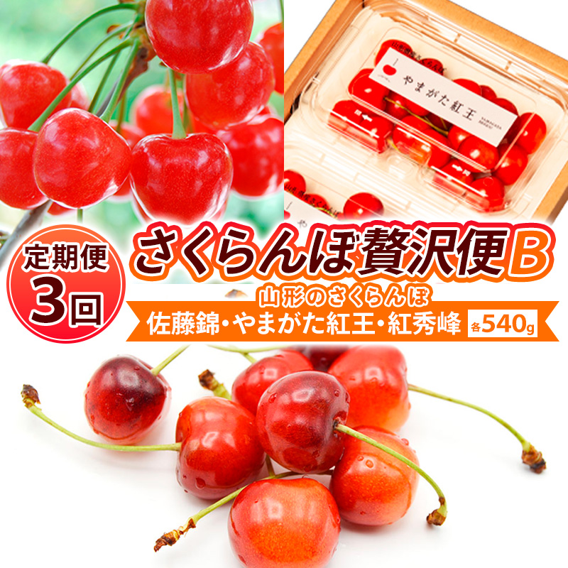 【定期便3回】【さくらんぼ贅沢便B】山形のさくらんぼ 佐藤錦・やまがた紅王・紅秀峰 各540g×3回 【令和8年産先行予約】FS25-001