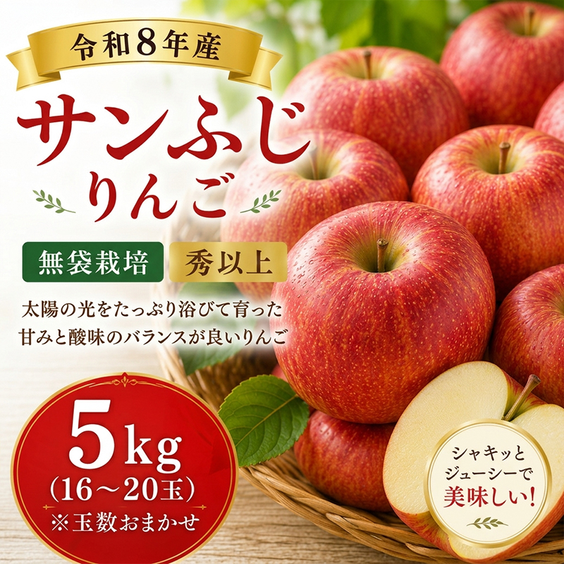 山形産 サンふじりんご 5kg(16～20玉)無袋栽培 秀以上 FY26-172