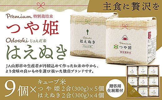 [令和6年産] 「プレミアムつや姫」「おどろきはえぬき」２合キューブ米９個セット FZ20-984