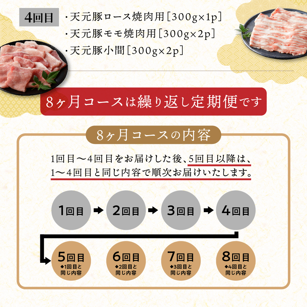 【定期便】 8ヶ月定期便 天元豚 セット 全8回 豚肉 ロース バラ 小間 モモ 挽き肉 便利 小分け 冷凍 豚肉 しゃぶしゃぶ 焼肉 とんかつ 定期 コース 食べ比べ 詰め合わせ ブランド豚 ロース ひき肉 小間 バラ モモ 豚 スライス サイコロ おかず お取り寄せ 東北 山形県 米沢市