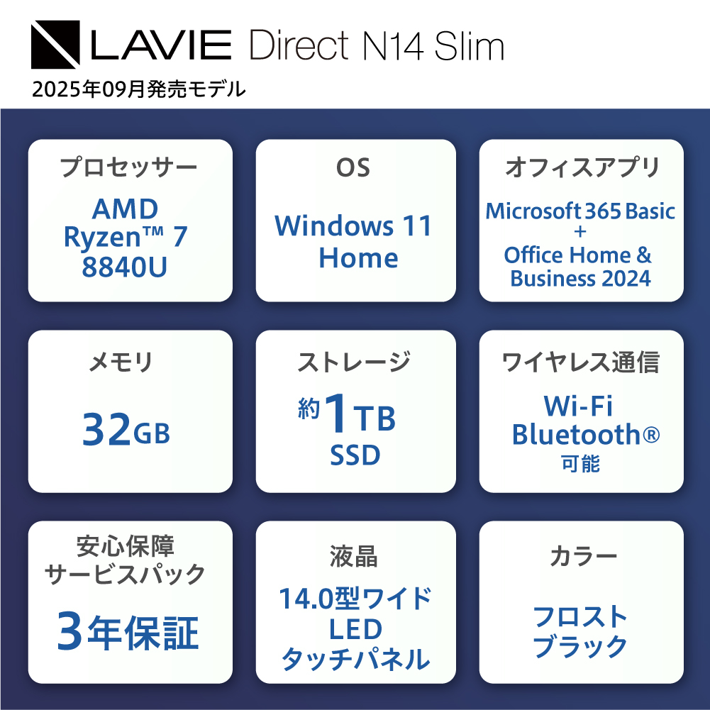 【新品】 ノートパソコン 2025年09月発売モデル NEC LAVIE Direct N14 Slim① 14型ワイド AMD Ryzen™ 7 8840U プロセッサ Windows11 HOME 32GB メモリ 1TB SSD Microsoft office フロストブラック