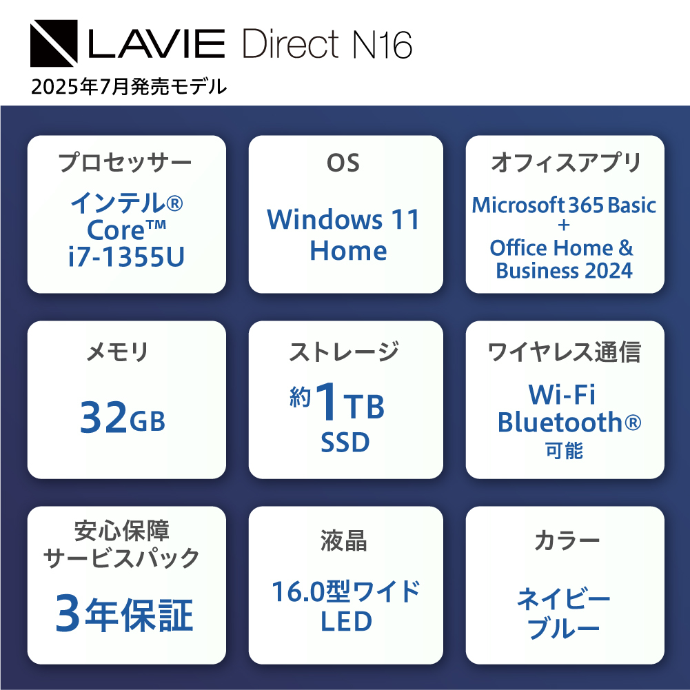 【新品】 ノートパソコン 2025年07月発売モデル NEC LAVIE Direct N16② 16型ワイド インテル® Core™ i7-1355U プロセッサー Windows11 HOME 32GB メモリ 1TB SSD Microsoft office ネイビーブルー