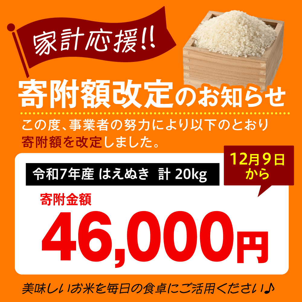 令和7年産 はえぬき 20kg（5kg×4袋）お米マイスター厳選米 2025年産