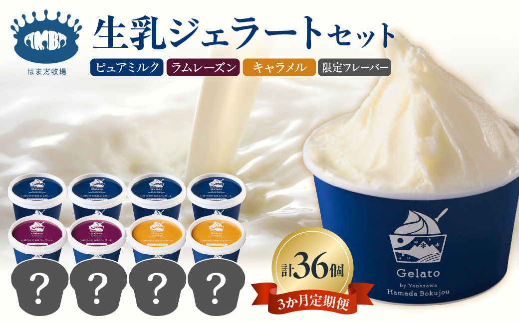 生乳ジェラートセット 3か月定期便（合計36個） ミルク ラムレーズン キャラメル 限定フレーバー