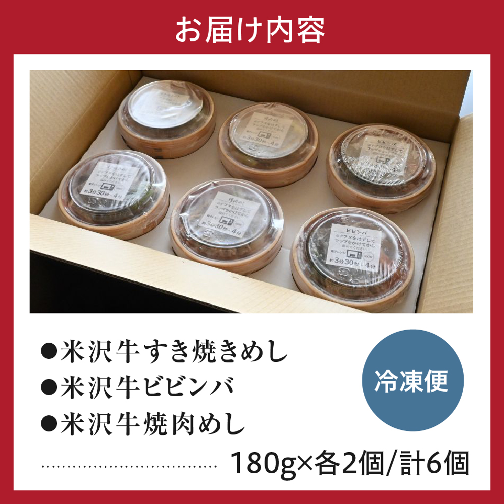 米沢牛 わっぱめし セット すき焼きめし ビビンバ 焼肉めし 3種類 各2食 計6食 弁当 電子レンジ 温めるだけ 簡単調理 山形県 米沢市
