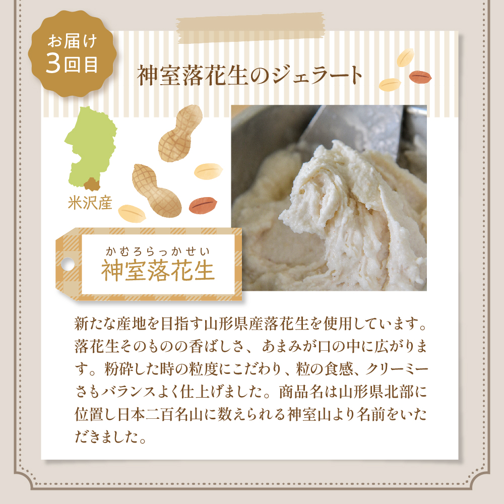 【 3ヶ月定期便 】 3種類 の プレミアムジェラート 6個 /月 1個 90ml ( 鷹山秘伝豆 おきたまラムレーズン 神室落花生 ) 全3回配送 秘伝豆 ラムレーズン 落花生 アイス スイーツ デザート 食べ比べ 山形県 米沢市