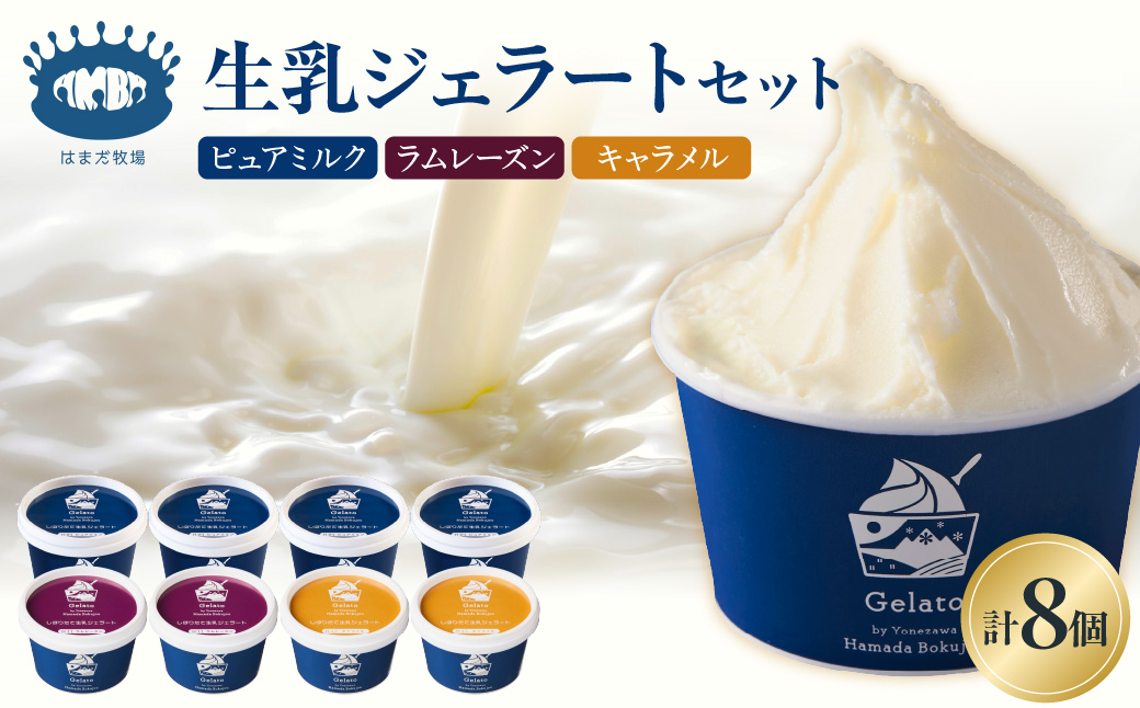 牧場しぼりたて 生乳ジェラート 3種類 計 8個 ( 1個 110ml ) ピュアミルク ミルク ラムレーズン キャラメル
