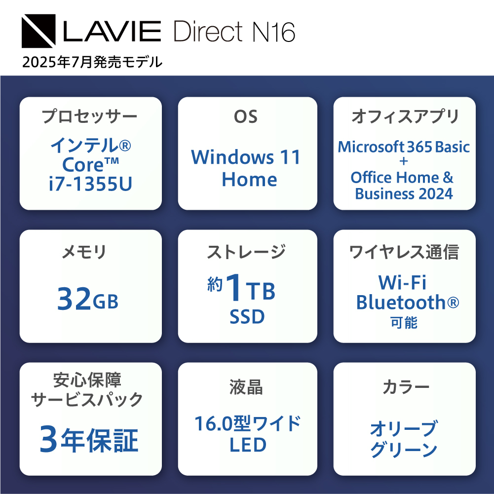 【新品】 ノートパソコン 2025年07月発売モデル NEC LAVIE Direct N16③ 16型ワイド インテル® Core™ i7-1355U プロセッサー Windows11 HOME 32GB メモリ 1TB SSD Microsoft office オリーブグリーン