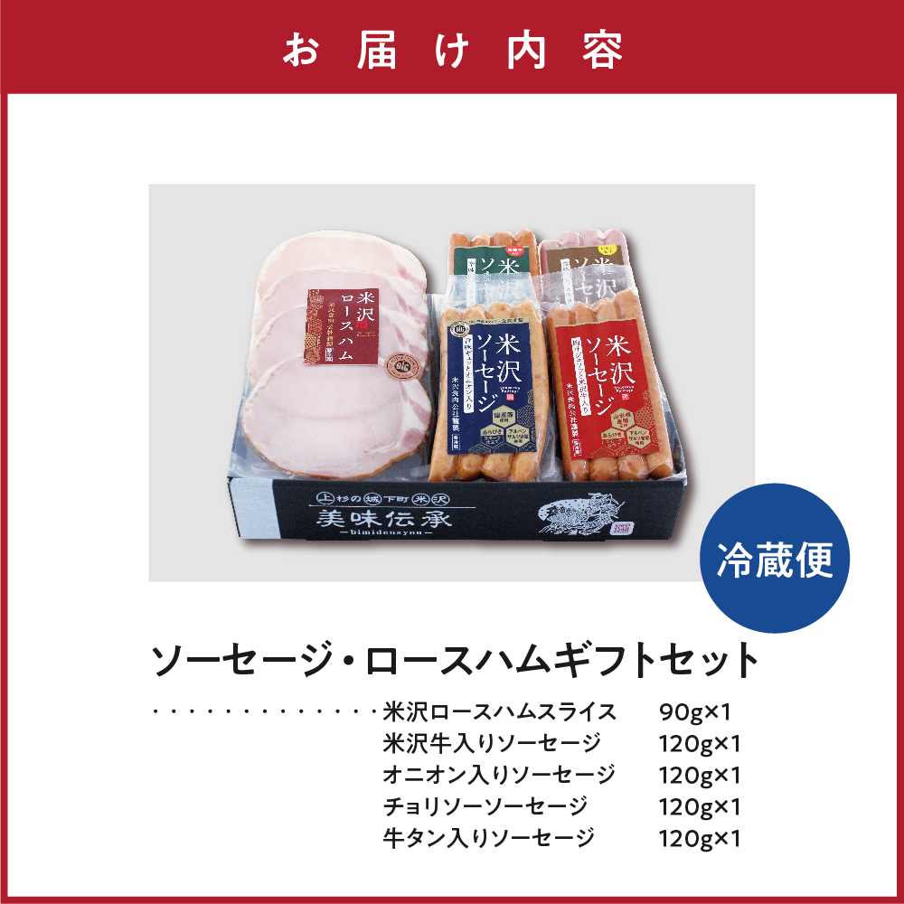 米沢ソーセージ ・ ロースハムスライス セット ロースハム ハム ソーセージ 4種 (米沢牛 オニオン 牛タン チョリソー) スライス 国産 詰合せ 和牛 牛肉 ブランド牛 豚肉 送料無料 山形県 米沢市