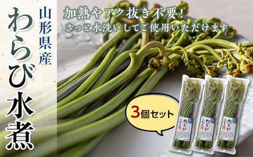 山形県産わらび水煮 3個セット 山菜 無漂白 無着色 わらび 水煮 みそ汁 煮物 おひたし 炊き込みご飯 東北  F3S-1325