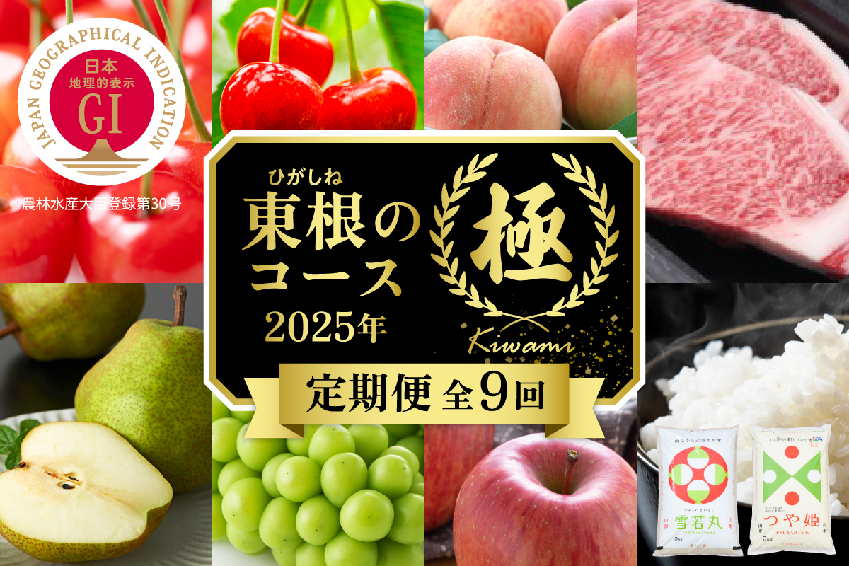 【2025年先行予約 9回 定期便】山形県 東根市産「極」コース さくらんぼ 桃 シャインマスカット りんご ラ・フランス お米 肉 hi999-024-2