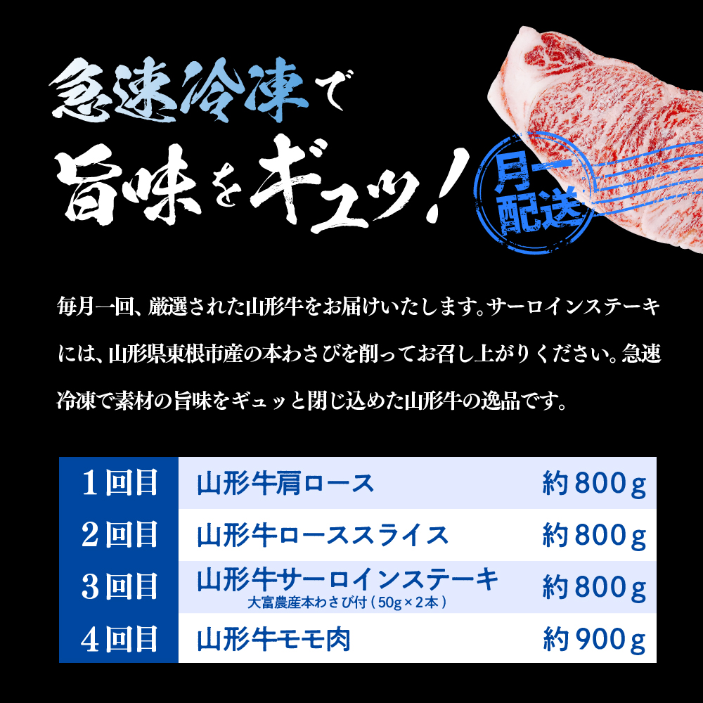 厳選山形牛の定期便 全4回 総量約3.3kg【晴天畑】　hi004-hi026-020r