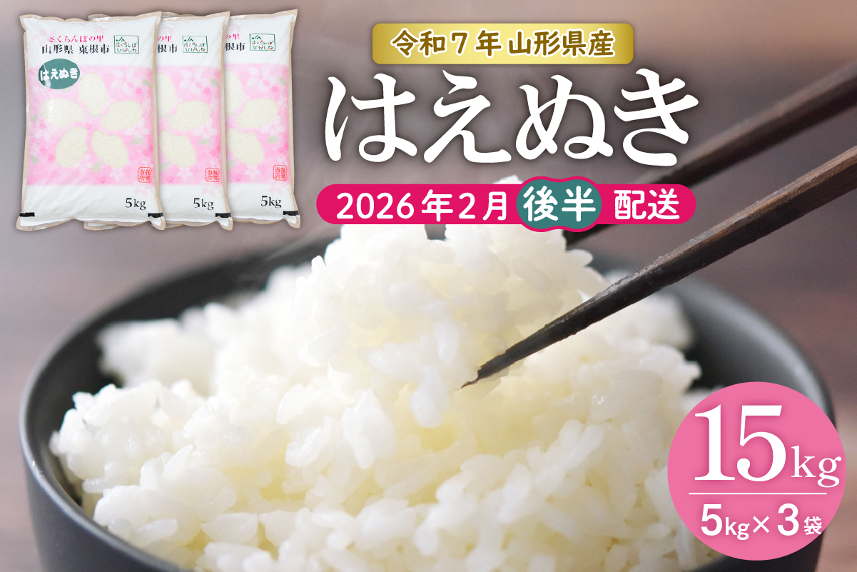 【令和7年産米】★2026年2月後半発送★はえぬき 15kg（5kg×3袋）山形県 東根市産　hi002-033-023-2