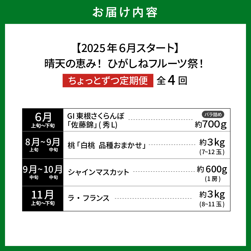 【2025年産先行予約】ひがしねフルーツ祭 ちょっとずつ定期便！全4回（2025年6月からスタート）山形県 東根市 hi026-003-2