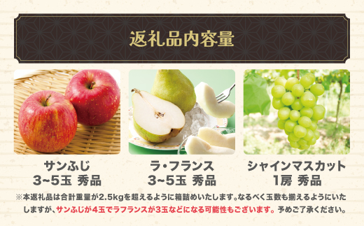 先行予約 山形秋果実3種満喫セット ラ・フランス サンふじ シャインマスカット 秀品 詰め合わせ 計2.5kg 化粧箱入 令和8年産 ns-fsrls2500-b