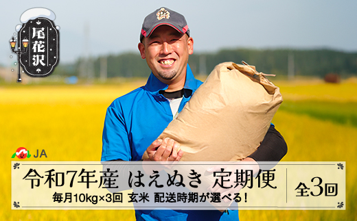 令和7年産 毎月定期便 10kg×3回 玄米 はえぬき配送開始時期選べる 2025年産 山形県尾花沢市産 送料無料 ja-hagxa10_tm