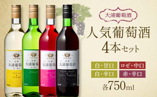 大浦葡萄酒 人気葡萄酒 750ml×4本セット 『(有)大浦葡萄酒』 赤ワイン 白ワイン ロゼ 甘口 辛口 中口 酒 山形県 南陽市 [1894]