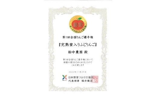 【令和7年産先行予約】 《極上》極み選果 完熟みつ入りふじりんご 約4kg (10～12玉 3～4L) 木箱入り 《令和7年12月中旬～発送》 【全国りんご選手権 銀賞】 『船中農園』 山形県 南陽市 [695]
