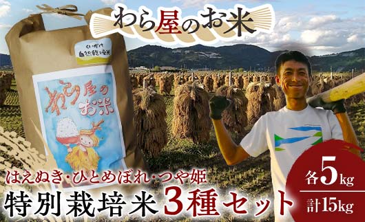 【わら屋のお米】 特別栽培米3種セット 「はえぬき・ひとめぼれ・つや姫」 各5kg (計15kg) 『おがわ藁農園』 米 白米 精米 ご飯 農家直送 セット 食べ比べ 山形県 南陽市 [2170]