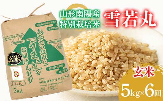 【金賞受賞農家】 《定期便6回》 令和7年産 特別栽培米 雪若丸 (玄米) 5kg×6か月 『あおきライスファーム』 山形南陽産 米 玄米 ご飯 農家直送 山形県 南陽市 [2633]