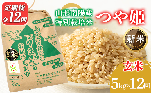 【令和8年産 新米 先行予約】 【金賞受賞農家】 《定期便12回》 特別栽培米 つや姫（玄米）5kg×12か月 《令和8年9月下旬～発送》 『あおきライスファーム』 山形南陽産 米 玄米 ご飯 農家直送 山形県 南陽市 [2630-R8]