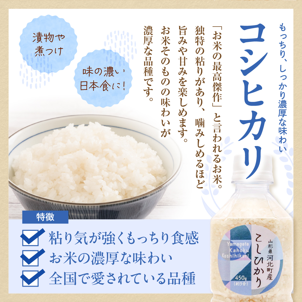 つや姫 はえぬき 雪若丸 コシヒカリ お米3合(450g)×ペットボトル4本 バラエティーセット 山形県河北町産【米COMEかほく協同組合】