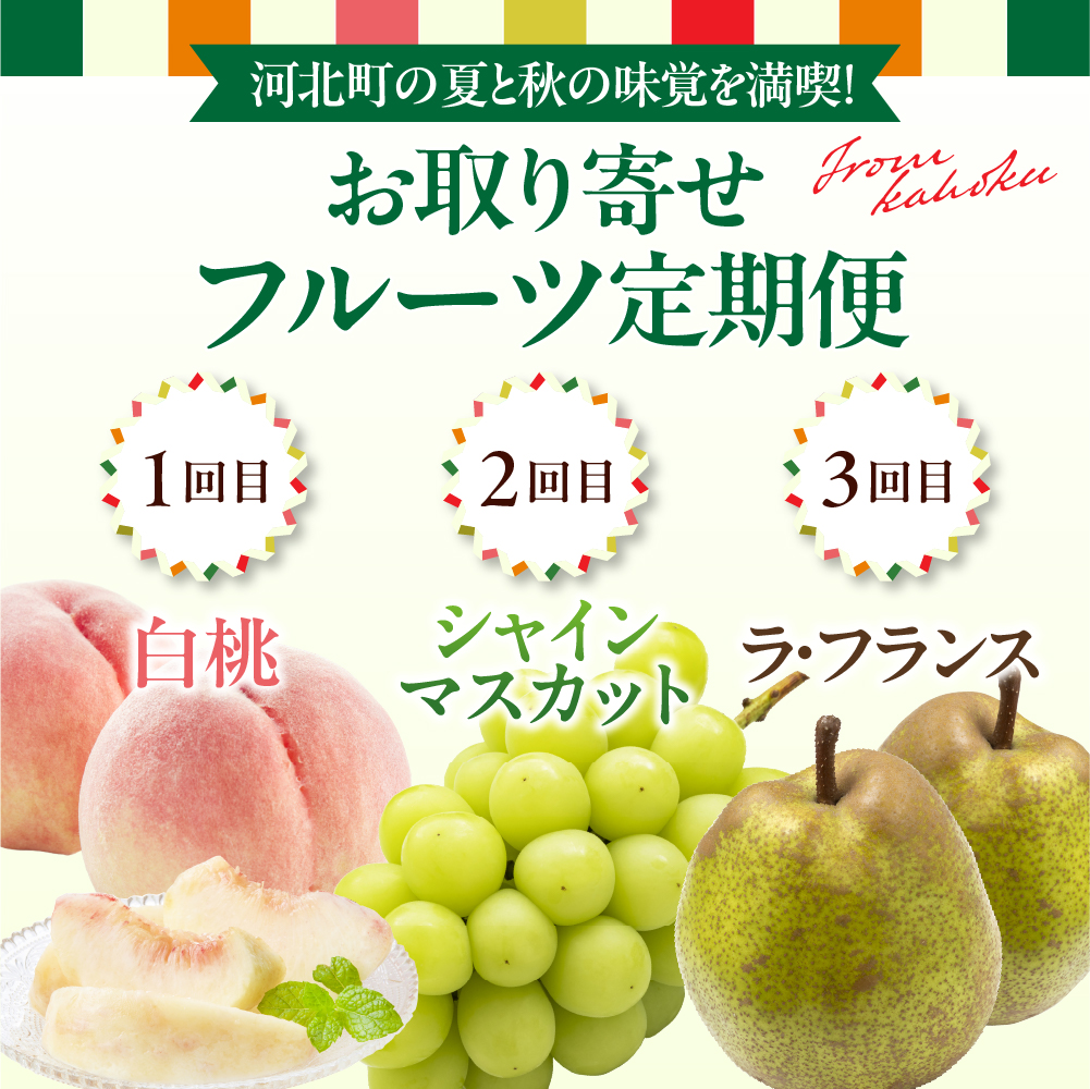 【令和8年産】河北町の夏と秋を満喫！お取り寄せフルーツ定期便3回(白桃・シャインマスカット・ラフランス)　【山形eLab】 ka074-030-r8