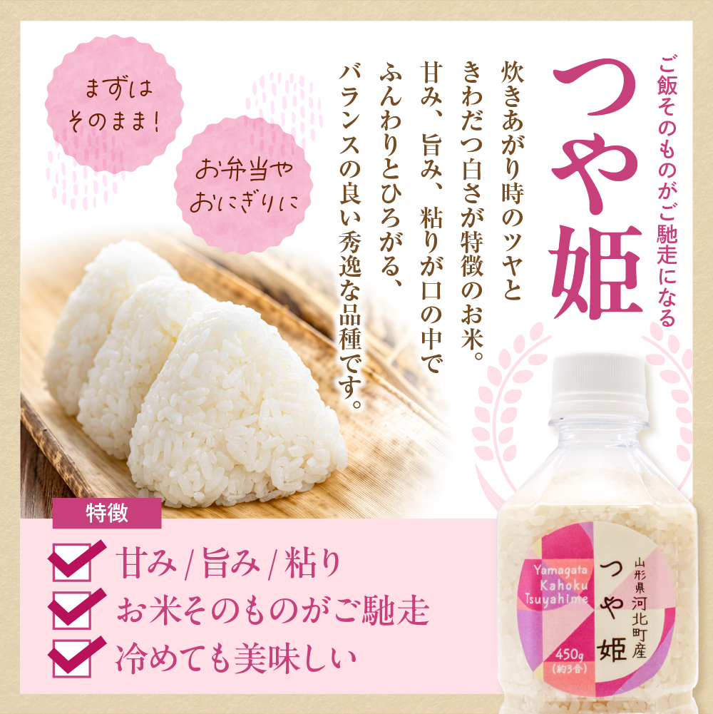 つや姫 はえぬき 雪若丸 コシヒカリ お米3合(450g)×ペットボトル4本 バラエティーセット 山形県河北町産【米COMEかほく協同組合】