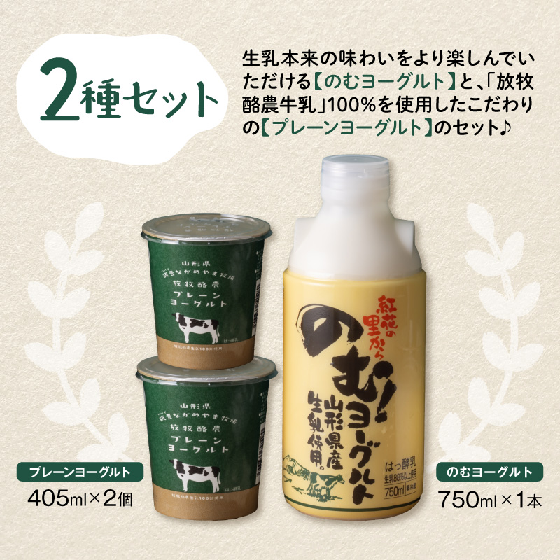奥羽のむヨーグルト750ml × 1本と放牧酪農プレーン405g × 2個セット ka001-007m-004【奥羽乳業株式会社】（山形県 河北町 乳製品）