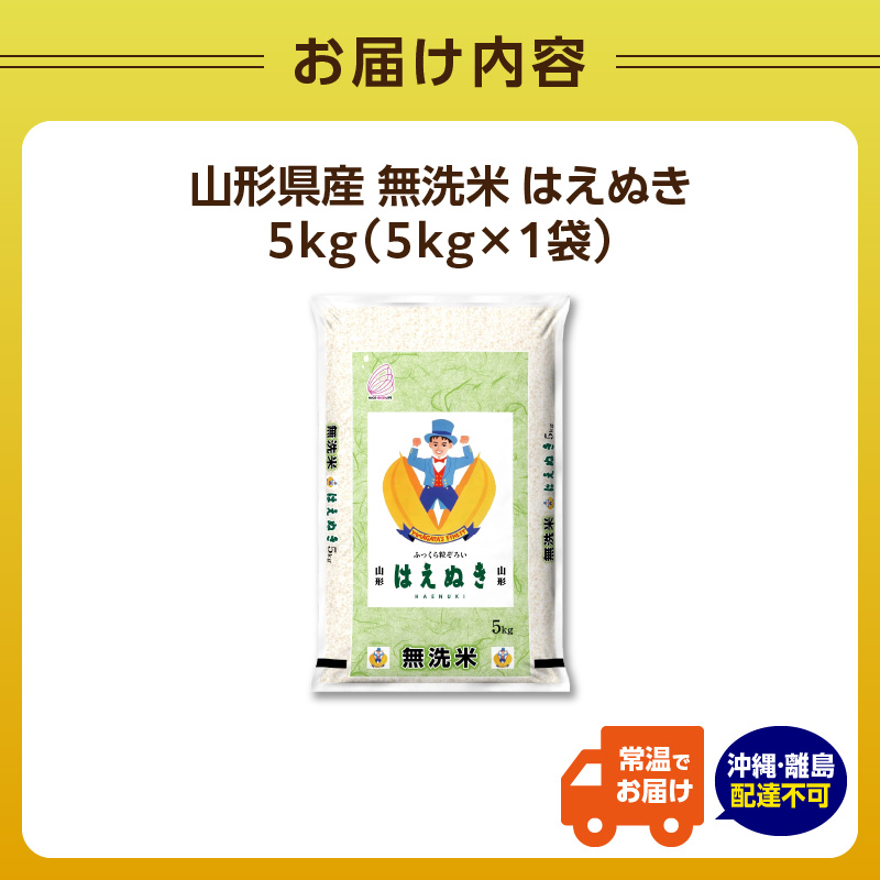 山形県産 無洗米 はえぬき 5kg【山形県産 BG精米製法】【2025年度産米】