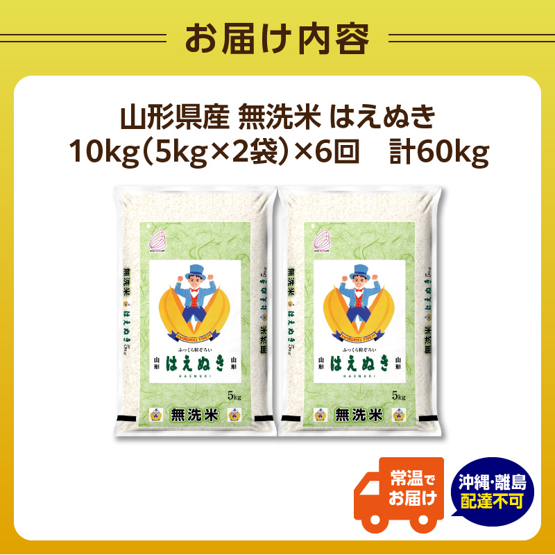 《6ヶ月定期便》山形県産 無洗米 令和7年産 はえぬき 10kg(5kg×2袋)×6ヶ月(計60kg)【山形県産 BG精米製法】