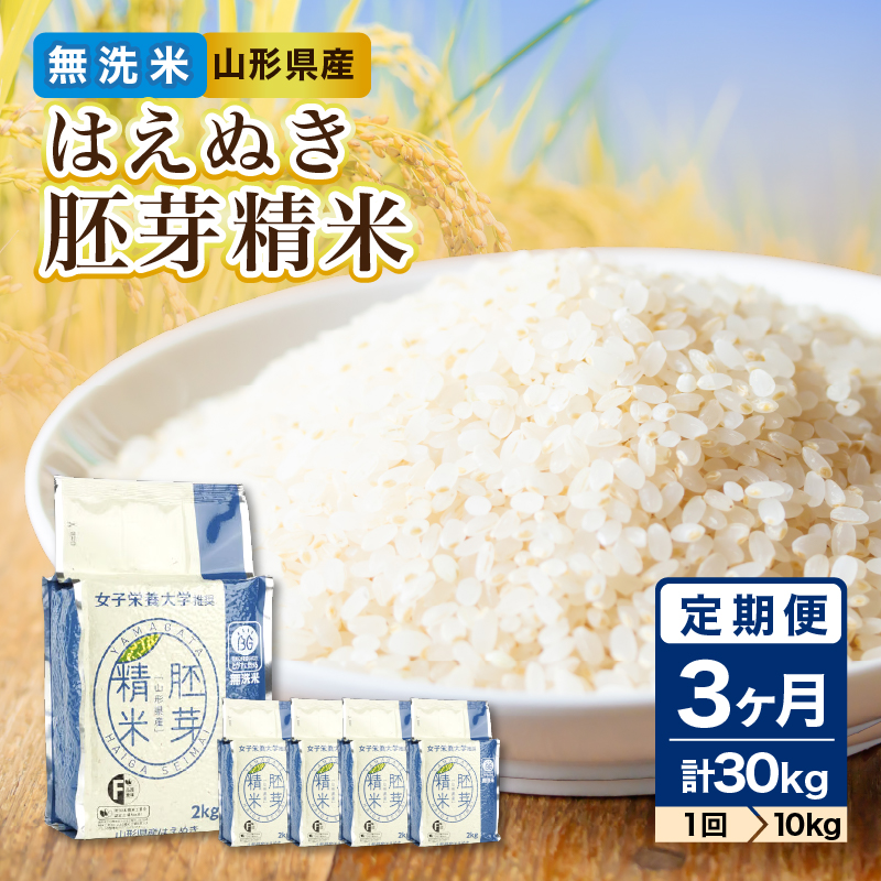 《3ヶ月定期便》山形県産 無洗米 令和7年産 はえぬき 胚芽精米 10kg(2kg×5袋)【山形県産 BG精米製法】